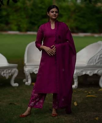 Magenta chanderi silk kurta set 1