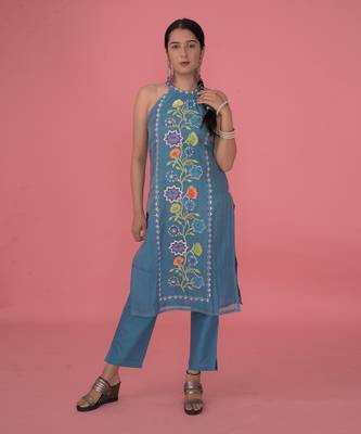 Sea blue chanderi silk kurta set 1