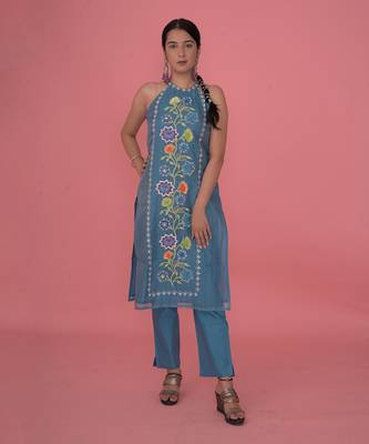 Sea blue chanderi silk kurta set 2