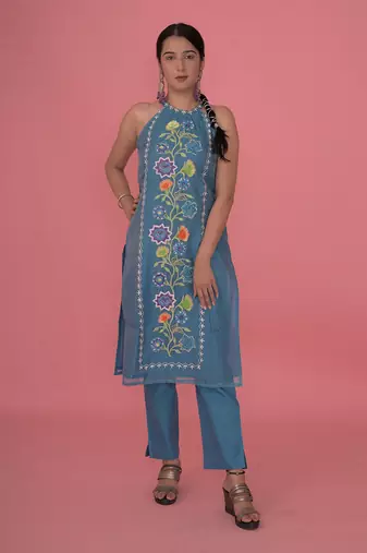 Sea blue chanderi silk kurta set
