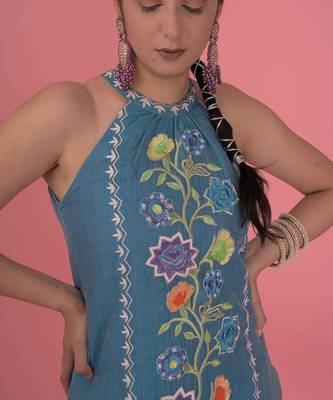 Sea blue chanderi silk kurta set 3