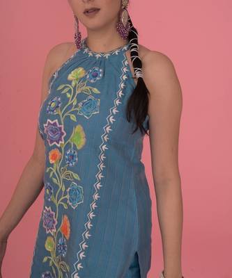Sea blue chanderi silk kurta set 5