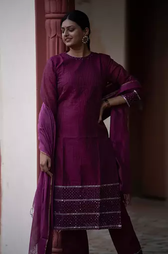 Magenta chanderi silk kurta set