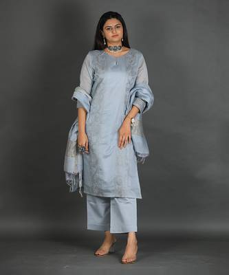 Grey chanderi silk kurta set 1