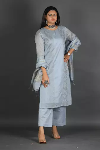 Grey chanderi silk kurta set