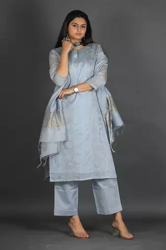 Grey chanderi silk kurta set