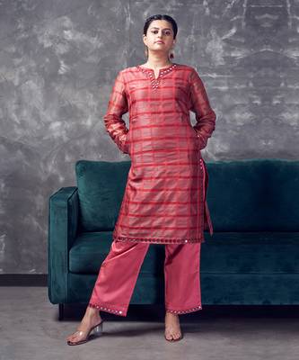 Peach chanderi silk kurta set 1