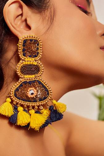 Colorblock sequin embroidered long earrings