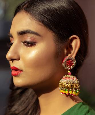 Thread embroidered jhumka earrings 1