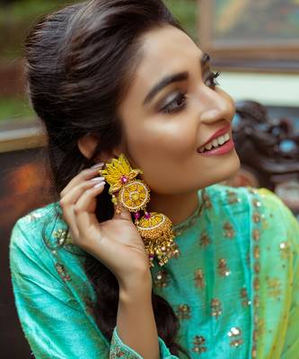 Embroidered lotus jhumka earrings 1