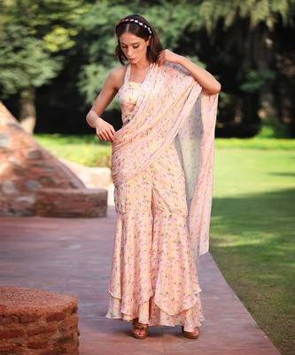Yellow, Pink And Green Print Sharara Saree 1