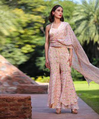 Yellow, Pink And Green Print Sharara Saree 2