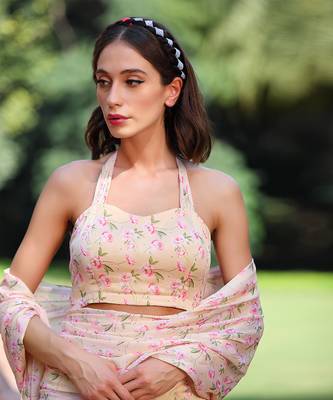 Yellow, Pink And Green Print Sharara Saree 3