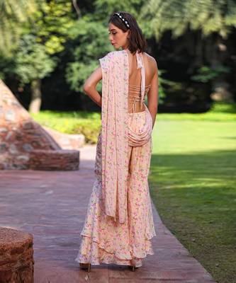 Yellow, Pink And Green Print Sharara Saree 4