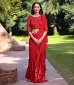 Red Ruffle Prepleated Saree Set