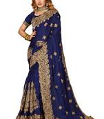 Navy blue heavy zari embroidery border work satin party wear with blouse