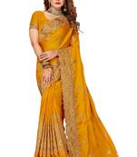 Mustard heavy zari embroidery border work satin party wear with blouse