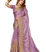 Purple heavy zari embroidery border work satin party wear with blouse