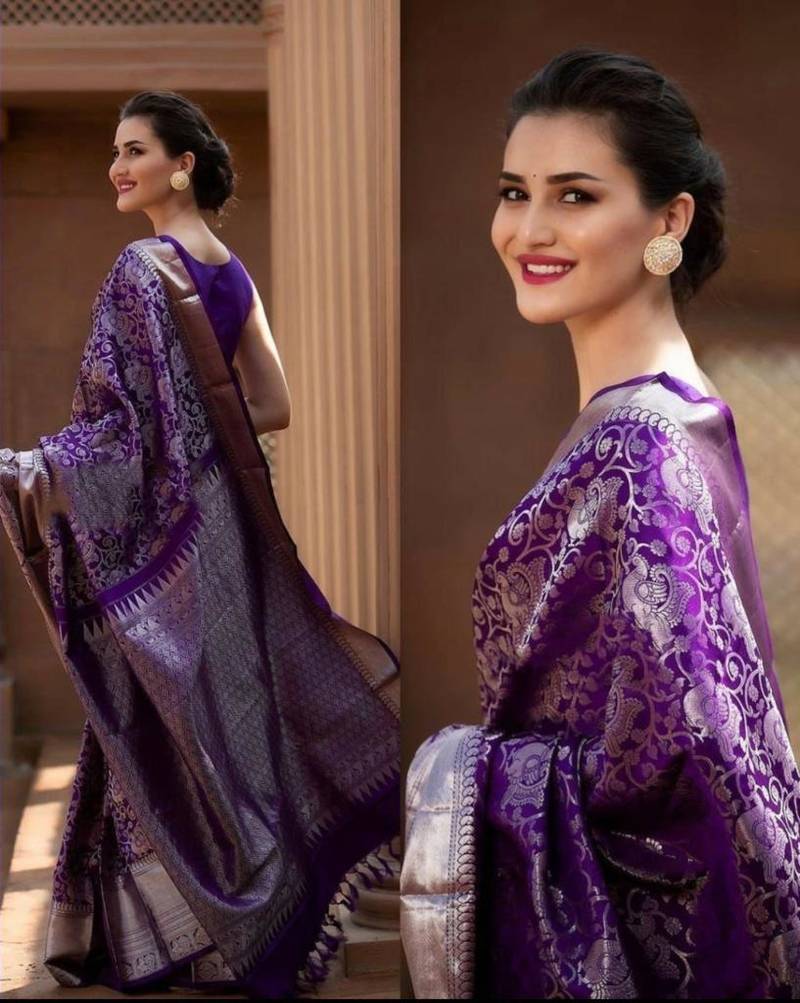 Wine Banarasi Silk Saree With Blouse Piece