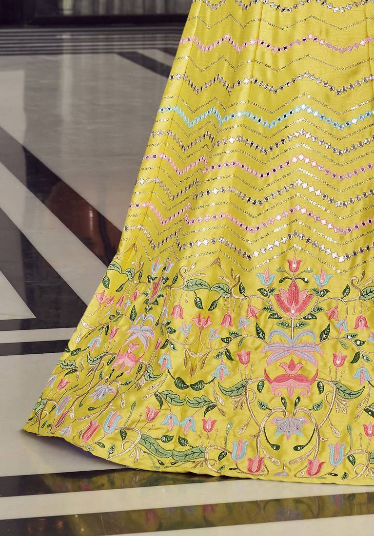  Yellow Thread Embroidered With Mirror Work Art Silk Party Wear Lehenga Choli