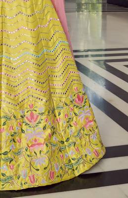  Yellow Thread Embroidered With Mirror Work Art Silk Party Wear Lehenga Choli 6