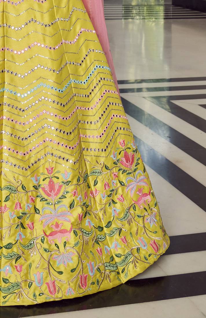  Yellow Thread Embroidered With Mirror Work Art Silk Party Wear Lehenga Choli