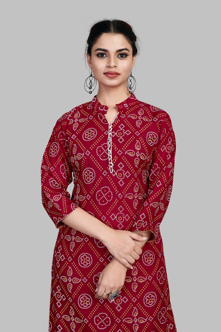Here is a red color, cotton, printed, badhani, collar neck, designer kurti, white bottom, straight kurti: