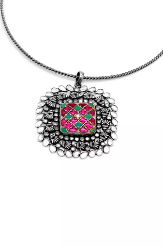 Pink & green silver zara kundan necklace