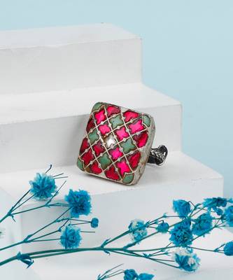 Pink & green silver tihara adjustable ring 1