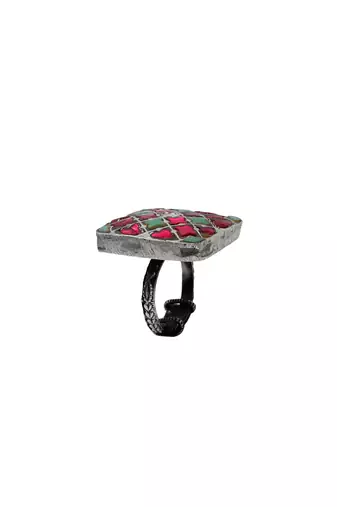 Pink & green silver tihara adjustable ring