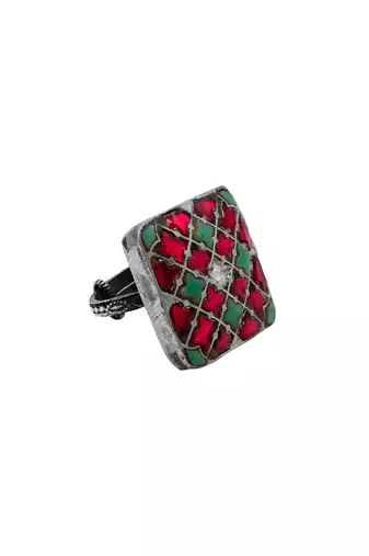Pink & green silver tihara adjustable ring