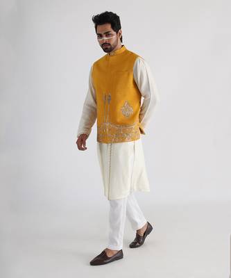 Yellow ruakh embroidered nehru jacket 4