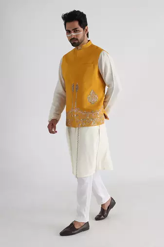 Yellow ruakh embroidered nehru jacket
