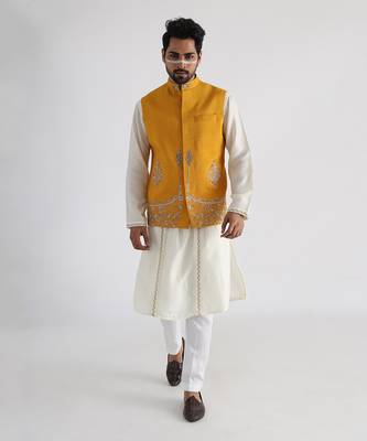 Yellow ruakh embroidered nehru jacket set 1