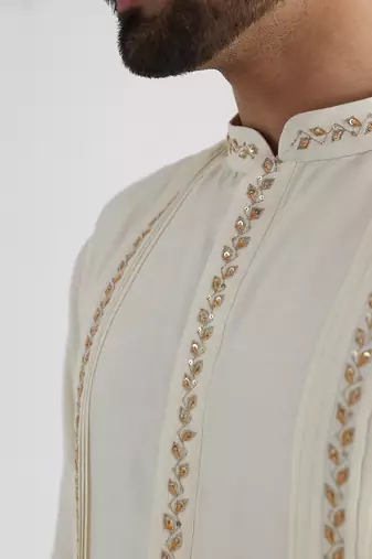 Yellow ruakh embroidered nehru jacket set