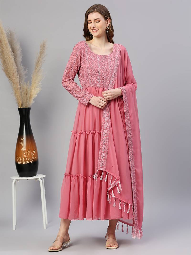 Watermelon pink chikankari embroidered fit & flared ruffled gown and ...