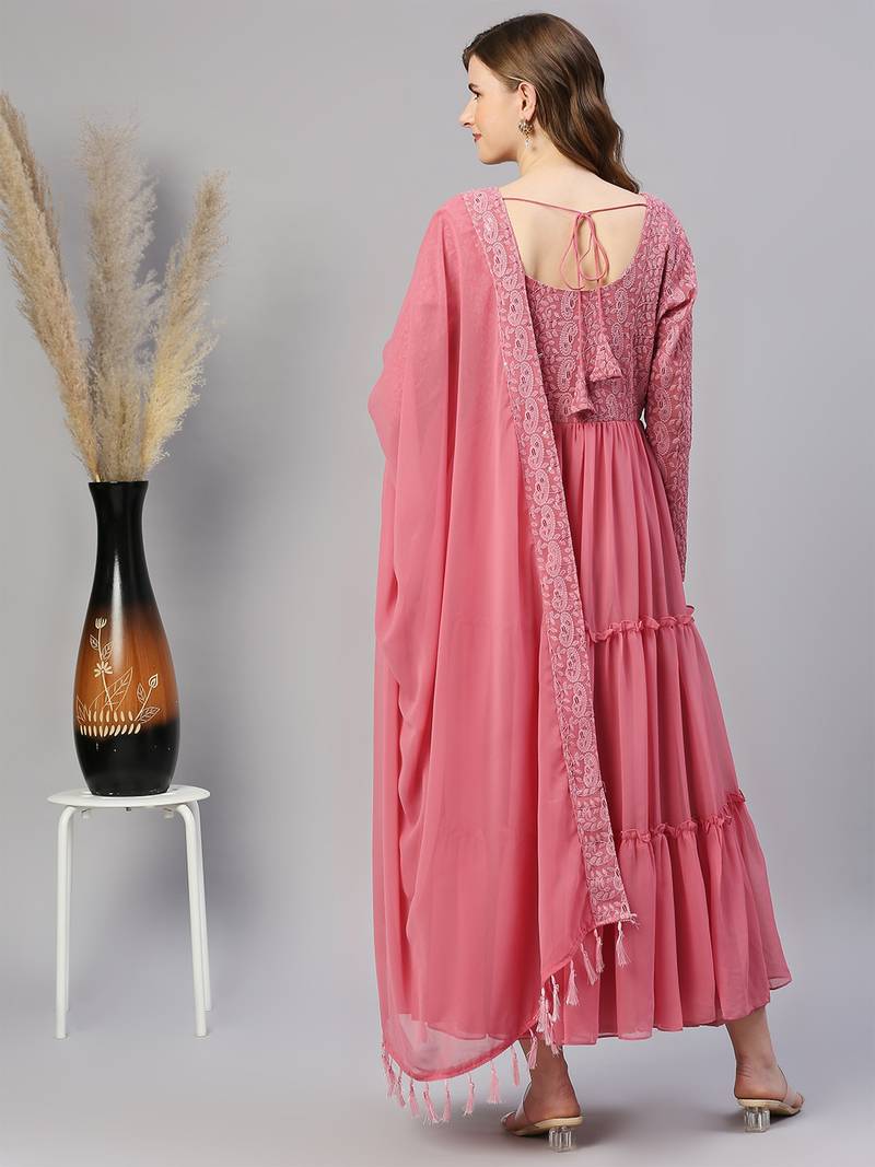 Watermelon pink chikankari embroidered fit & flared ruffled gown and ...
