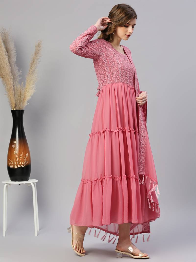 Watermelon pink chikankari embroidered fit & flared ruffled gown and ...