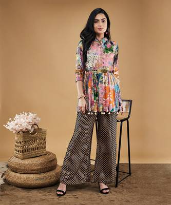 Multicolor tropical twilight printed  embroidered kurta set 1