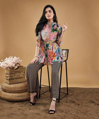 Multicolor tropical twilight printed  embroidered kurta set 2
