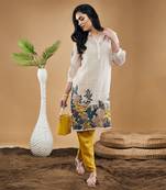 Off white yellow zinnia applique kurta with pants