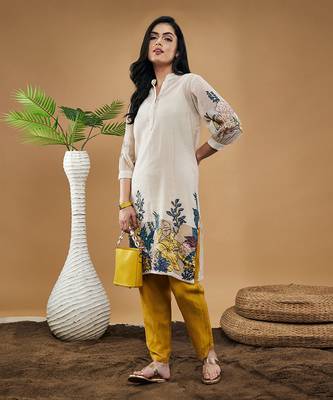 Off white yellow zinnia applique kurta with pants 5