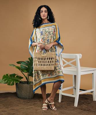 Yellow bird and tile printed kaftan dress 1
