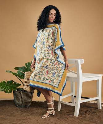 Yellow bird and tile printed kaftan dress 3