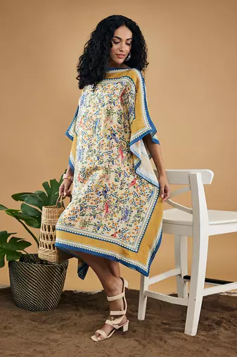 Yellow bird and tile printed kaftan dress