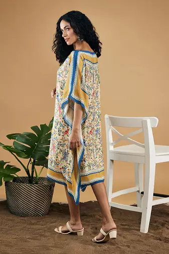 Yellow bird and tile printed kaftan dress