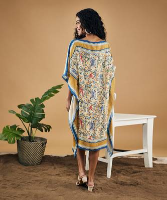 Yellow bird and tile printed kaftan dress 5