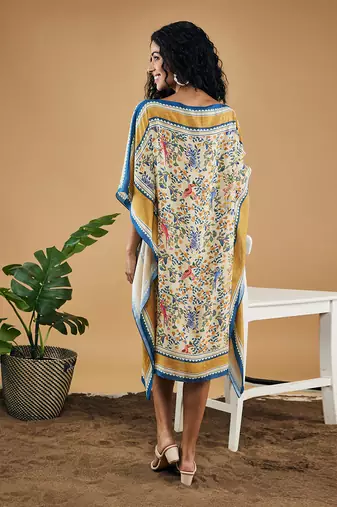 Yellow bird and tile printed kaftan dress