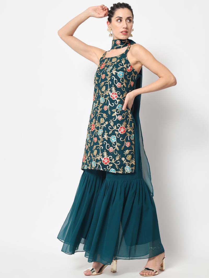 Teal Embroidered Kurta with Sharara and Net Dupatta main image 0