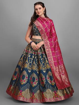 Teal color Jacquard Woven Lehenga Choli 1